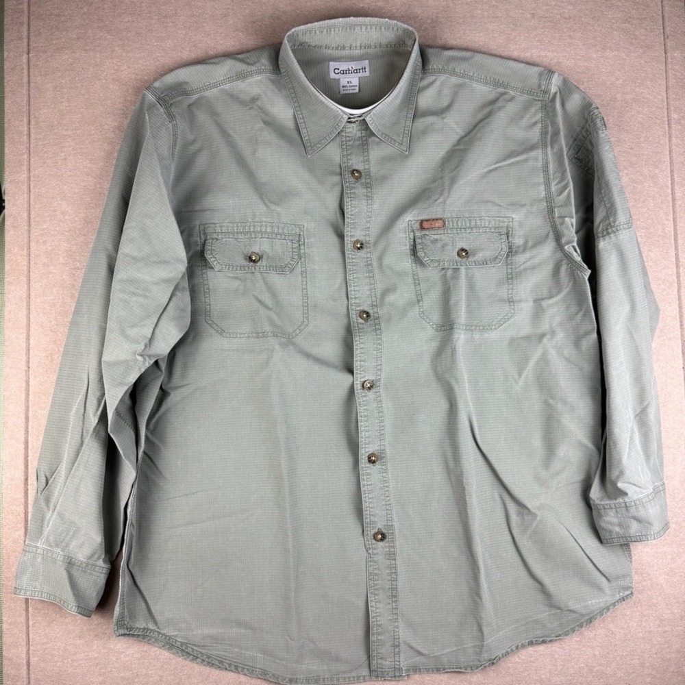 Carhartt Shirt Men's XL Green Cotton Button Up Work Outdoor Long Sleeve Ripstop‎